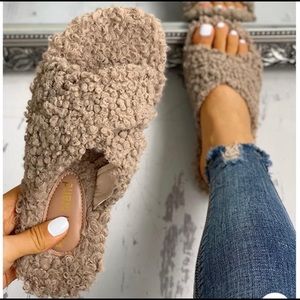 Fuzzy cross strap slippers